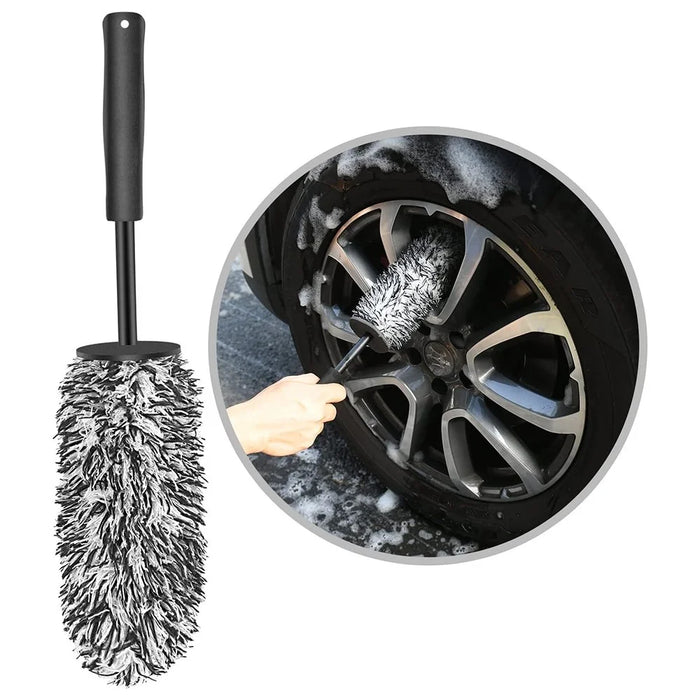 Car Wheel Cleaning Brush Soft Microfibre Long Handle Rim Detailing Brush - Black+White Handle - 5