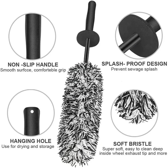 Car Wheel Cleaning Brush Soft Microfibre Long Handle Rim Detailing Brush - Black+White Handle - 6
