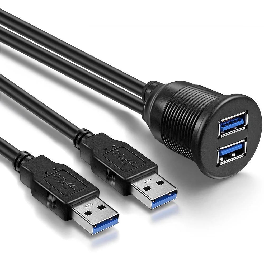 1m Flush Mount Dual USB Dock Adapter Dashboard Panel USB 3.0 Port Extension Cable - 2