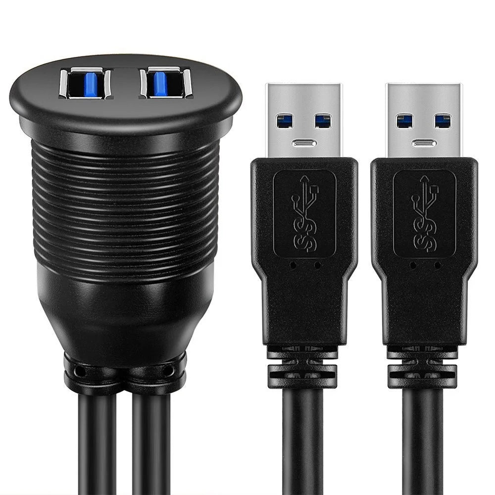 1m Flush Mount Dual USB Dock Adapter Dashboard Panel USB 3.0 Port Extension Cable - 3