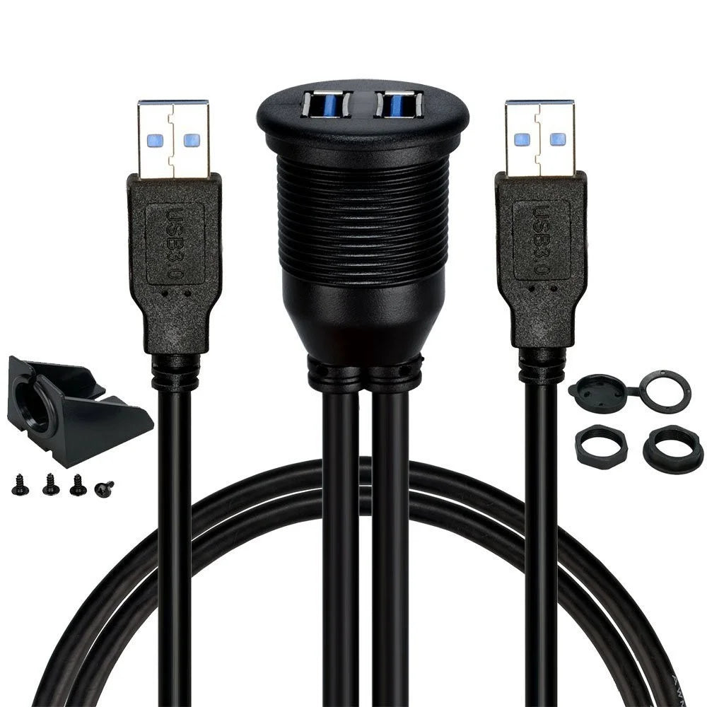 1m Flush Mount Dual USB Dock Adapter Dashboard Panel USB 3.0 Port Extension Cable - 5