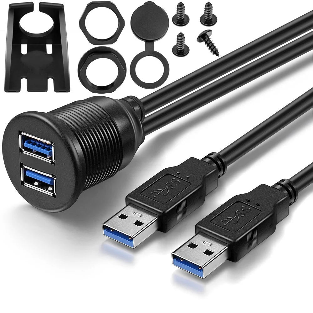 1m Flush Mount Dual USB Dock Adapter Dashboard Panel USB 3.0 Port Extension Cable - 6