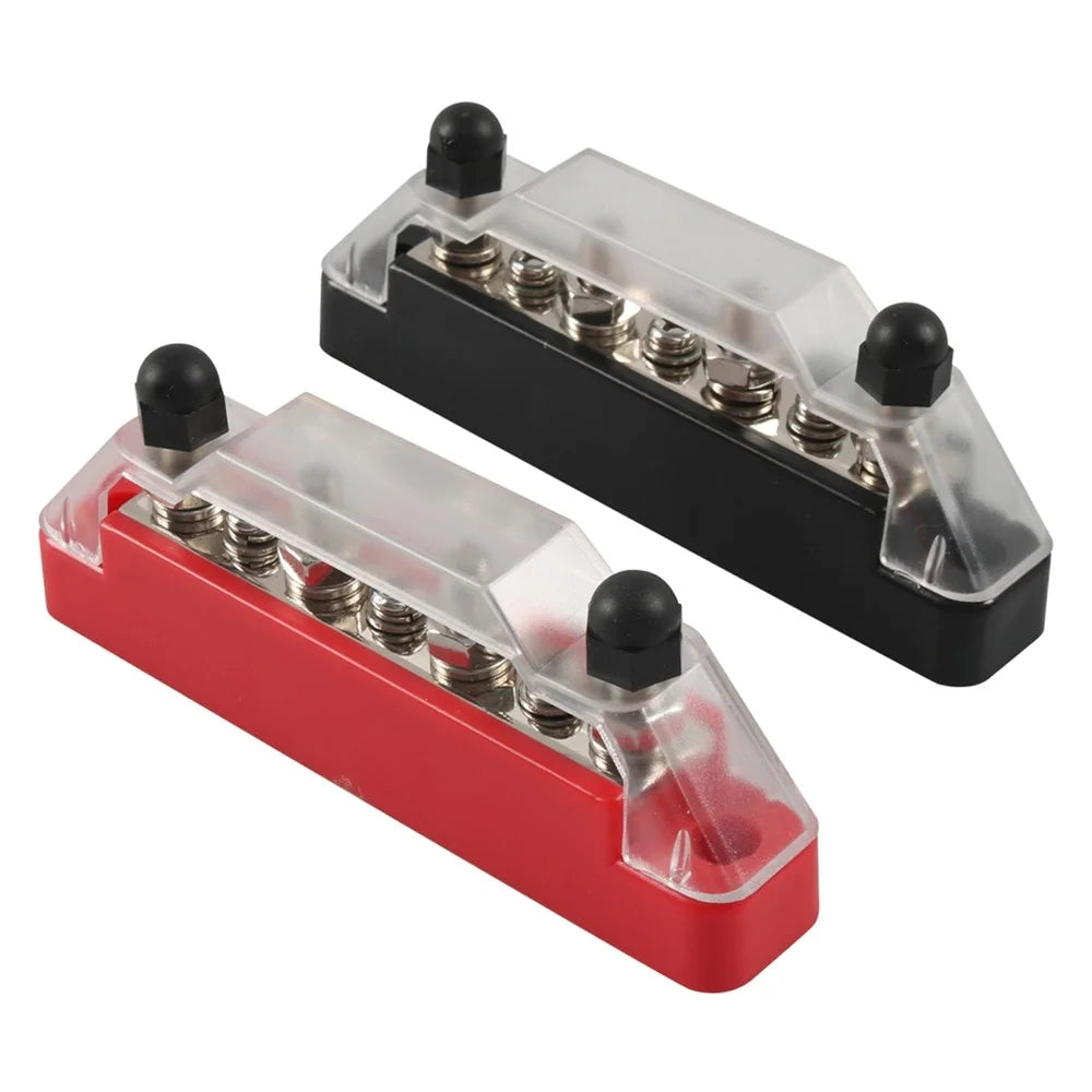 A7473 2Pcs  /  Set 7-Way Power Distribution Block 4 x M6 Terminal Studs, 3 x M4 Terminal Screws Battery Bus Bar for Car Marine Boat (Black+Red) - 1