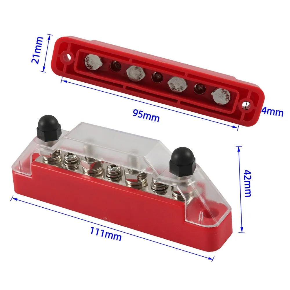 A7473 7-Way Power Distribution Block 4 x M6 Terminal Studs, 3 x M4 Terminal Screws Battery Bus Bar for Car Marine Boat - Red - 7