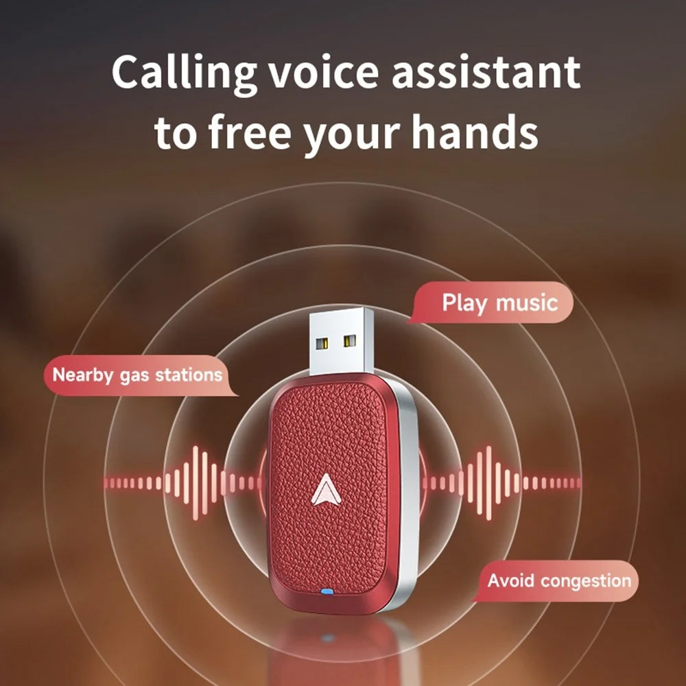 Car Android Auto Wireless Dongle Leather Coated Wired to Wireless Adapter for Android 11+ - Red - 2