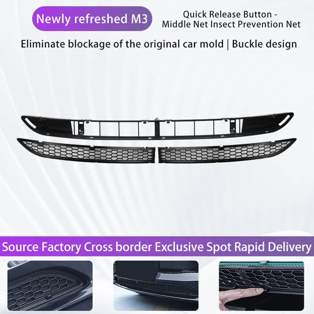 For Tesla Model 3 Car Front Bumper Grille Quick Release Button Design Insect Prevention Net - 3
