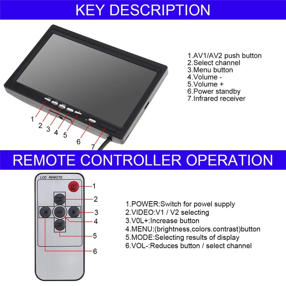RH-701B 7" LCD Video Display Screen Monitor Rear View Backup Car 4-LED Camera Parking and Reverse System Kit - 5