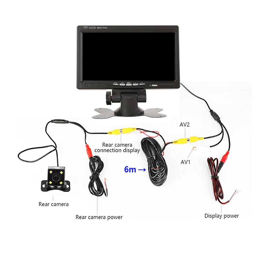 RH-701B 7" LCD Video Display Screen Monitor Rear View Backup Car 4-LED Camera Parking and Reverse System Kit - 7