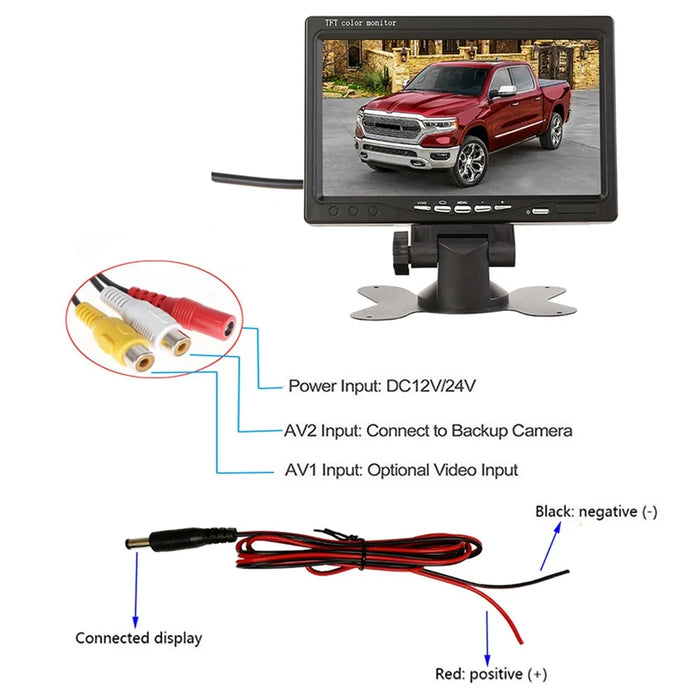 RH-701C 7" LCD Video Display Screen Rear View Monitor 8-LED Camera Parking and Reverse System Kit with 15m Video Cable - 7