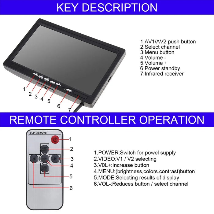 RH-701D 7" LCD Video Display Screen Monitor Rear View Backup Car 8-LED Camera Parking and Reverse System Kit with 20cm Video Cable - 4