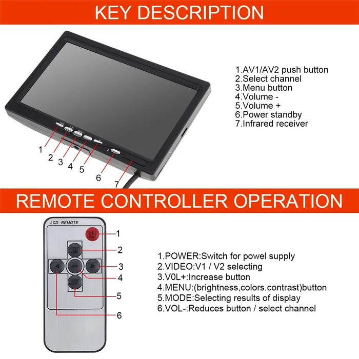 RH-701A 7" LCD Video Display Screen Monitor with Rear View Backup Car Camera Parking and Reverse System Kit for Vehicles - 6