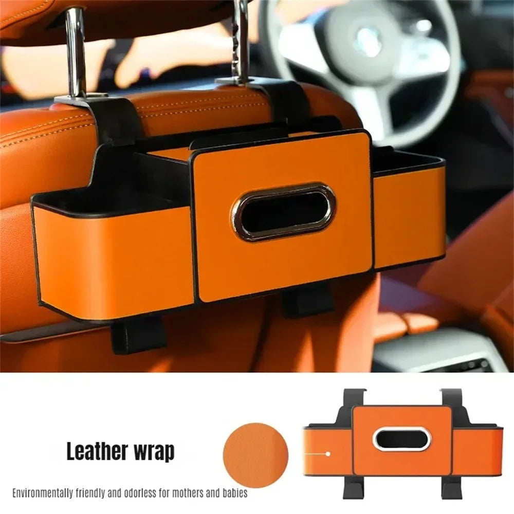 Car Seat Back Multi-Function Storage Organizer Leather+ABS Tissue Box Cup Holder with Hooks - Orange - 2