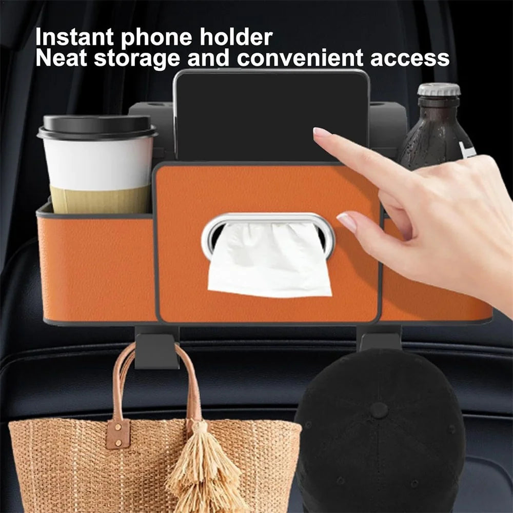 Car Seat Back Multi-Function Storage Organizer Leather+ABS Tissue Box Cup Holder with Hooks - Orange - 3