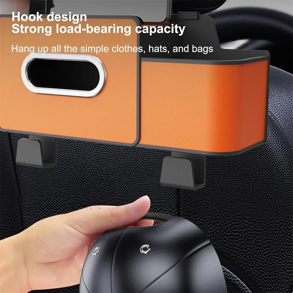 Car Seat Back Multi-Function Storage Organizer Leather+ABS Tissue Box Cup Holder with Hooks - Orange - 4
