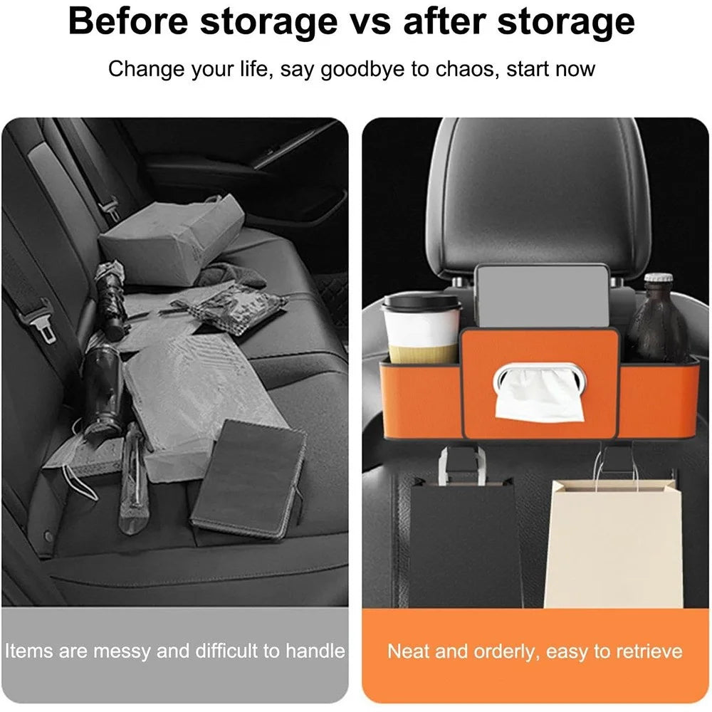 Car Seat Back Multi-Function Storage Organizer Leather+ABS Tissue Box Cup Holder with Hooks - Orange - 6