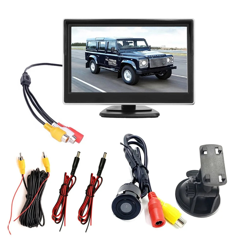RH-506 Large 5'' LCD Display Monitor Round Rear Camera for Car Parking Reverse with Video Line and Power Supply Cable - 1