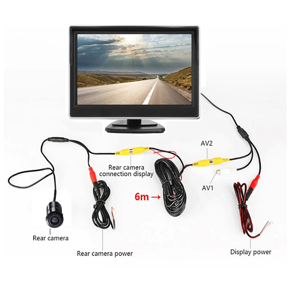 RH-506 Large 5'' LCD Display Monitor Round Rear Camera for Car Parking Reverse with Video Line and Power Supply Cable - 4