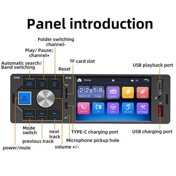 M-60 4.1-inch HD Touchscreen Car MP5 Player Bluetooth-compatible Dual USB Reverse Image Player - 2