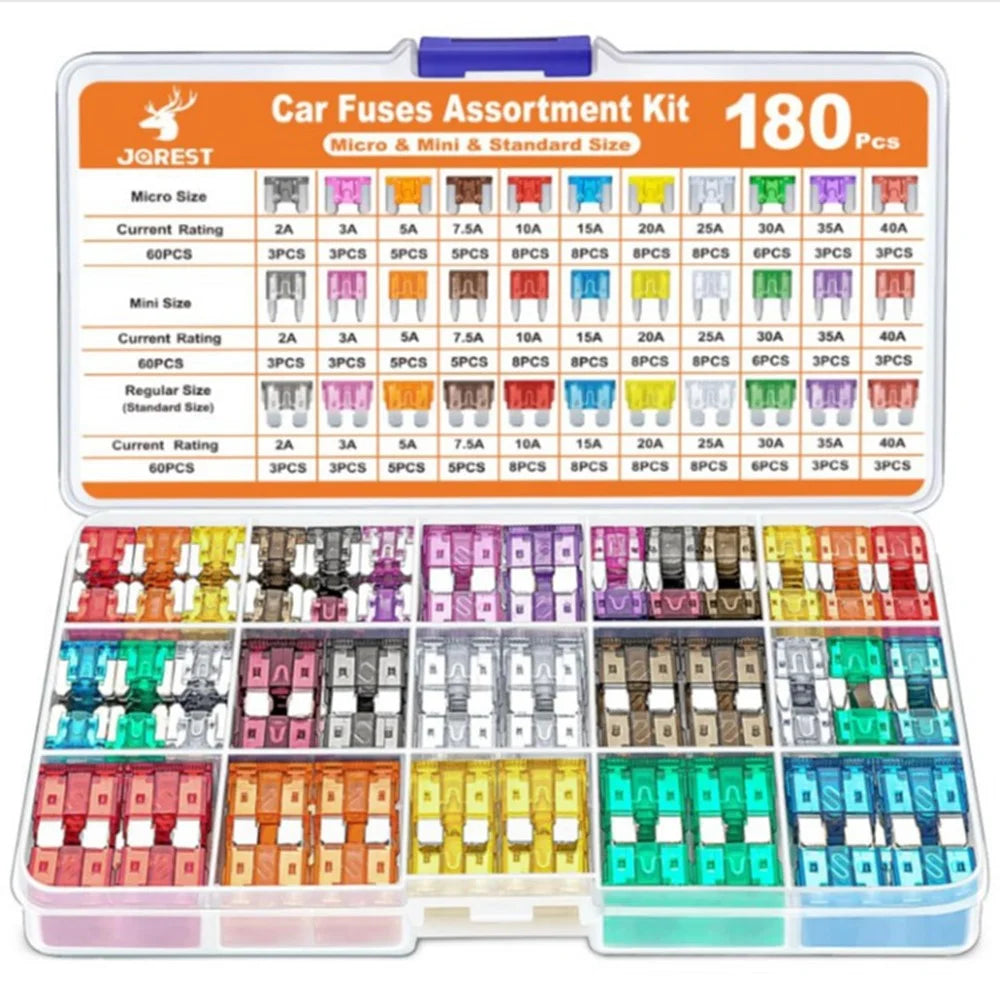180Pcs Car Fuse Assortment Kit Mini  /  Standard  /  Micro Zinc Blade Fuses With Puller Tool and Storage Box - 1