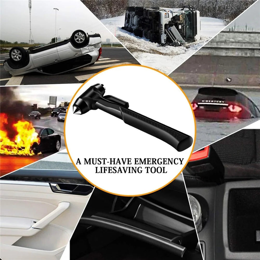 Car Safety Hammer with Seat Belt Cutter Window Breaker Long Handle Emergency Escape Tool - Black - 7