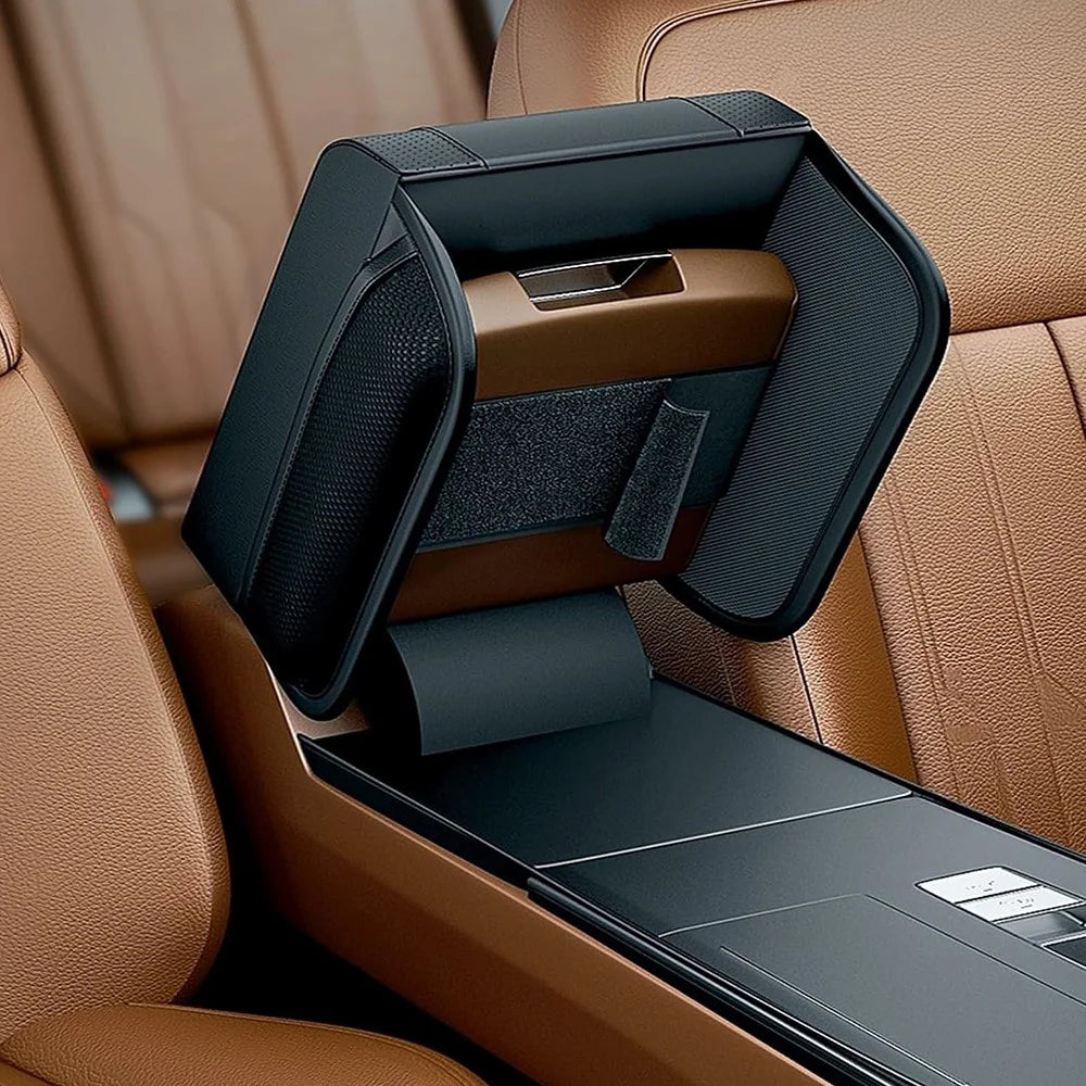 PU Leather Car Armrest Booster Pad Universal Center Console Cushion Memory Foam Elbow Support - Black - 2