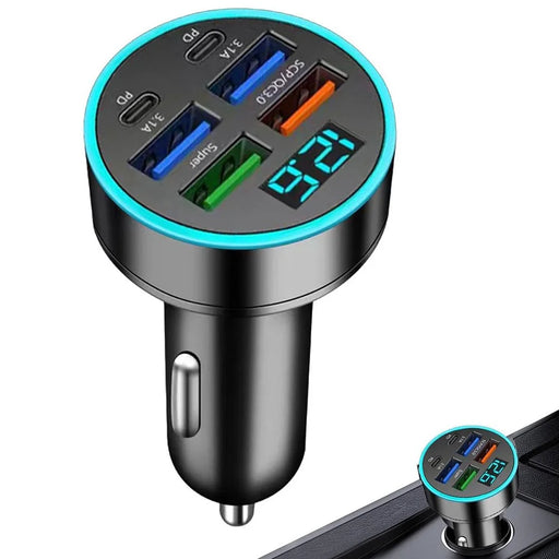 C9 30W Fast Charging Adapter 4 USB + 2 Type C Cigarette Lighter Car Charger with Voltage Display - 1