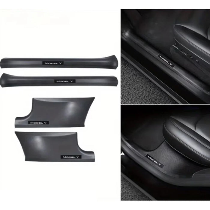 4Pcs For Tesla Model Y Carbon Fiber Texture Front and Rear Door Sill Protector Cover Anti Kick Threshold Strip - 2