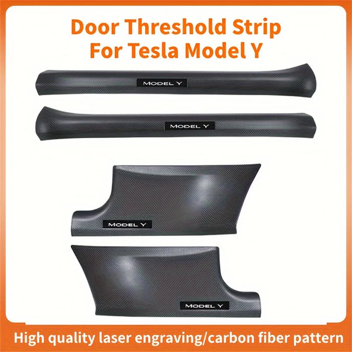 4Pcs For Tesla Model Y Carbon Fiber Texture Front and Rear Door Sill Protector Cover Anti Kick Threshold Strip - 6