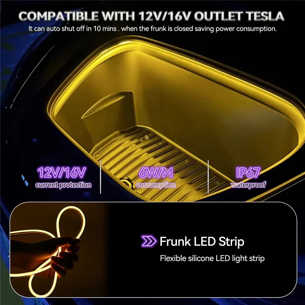 For Tesla Model 3  /  Y 2021 - 2024 Front Trunk LED Light Strip Ambient Lighting Waterproof Decorative Lamp - Warm Light - 7