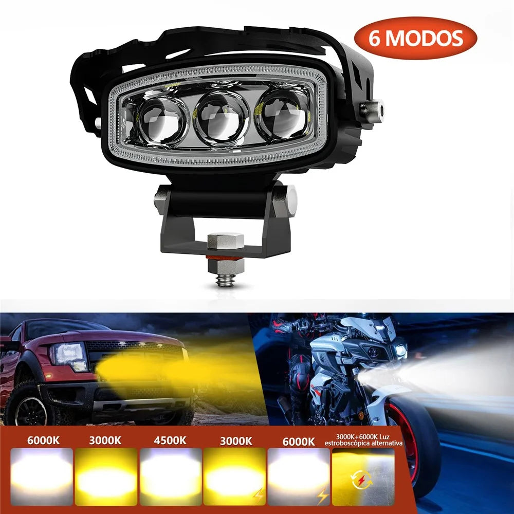 Motorcycle LED Headlight 3 Lens 6 Modes High Low Beam Spotlight Off Road Electric Vehicle Work Light - 2