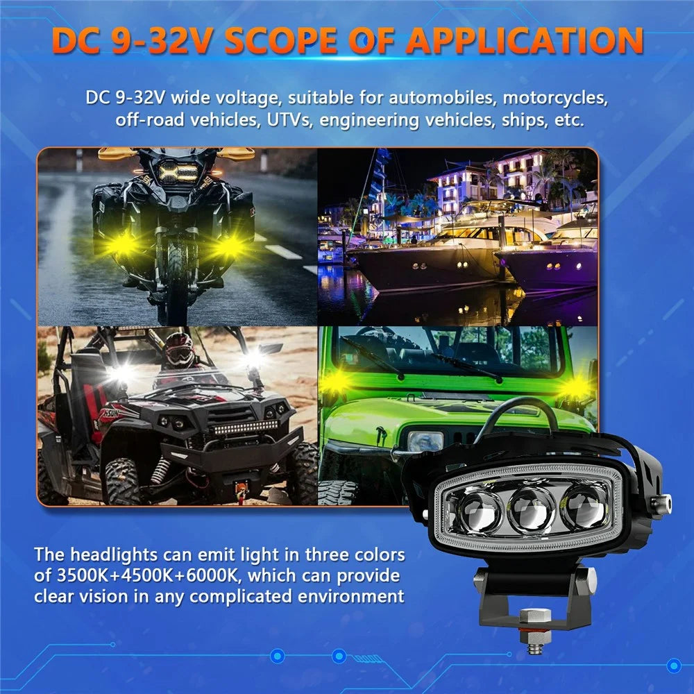 Motorcycle LED Headlight 3 Lens 6 Modes High Low Beam Spotlight Off Road Electric Vehicle Work Light - 3