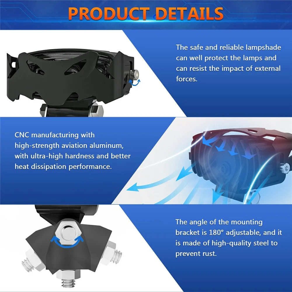 Motorcycle LED Headlight 3 Lens 6 Modes High Low Beam Spotlight Off Road Electric Vehicle Work Light - 6