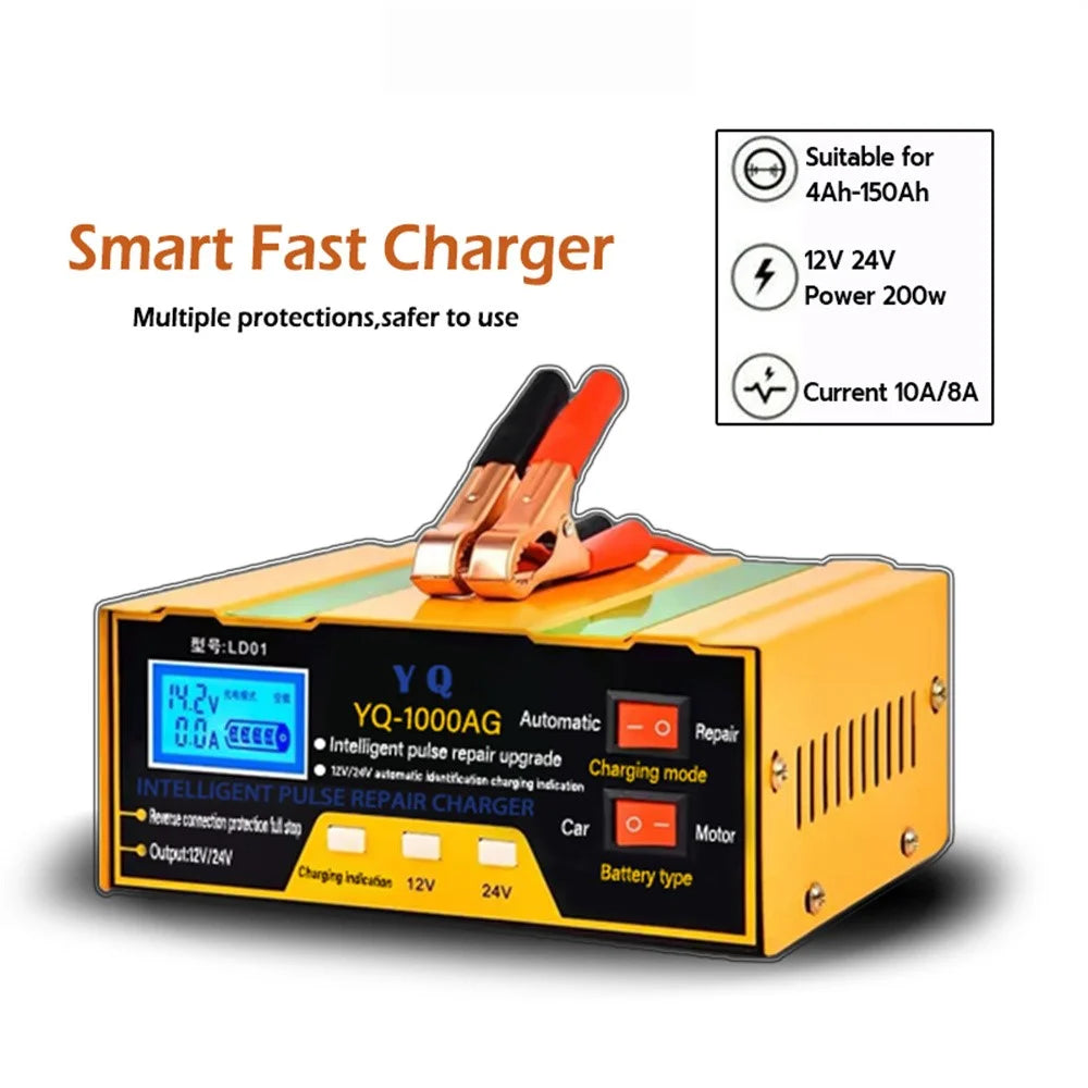 YQ-1000AM Intelligent Car Battery Charger 12V 24V Auto Motorcycle Battery Maintainer High Power Smart Charger - 2