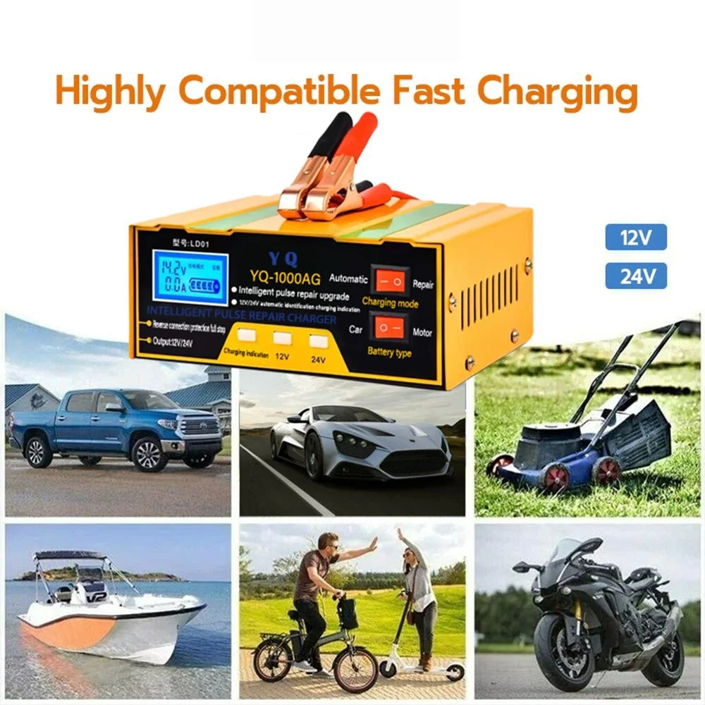 YQ-1000AM Intelligent Car Battery Charger 12V 24V Auto Motorcycle Battery Maintainer High Power Smart Charger - 4