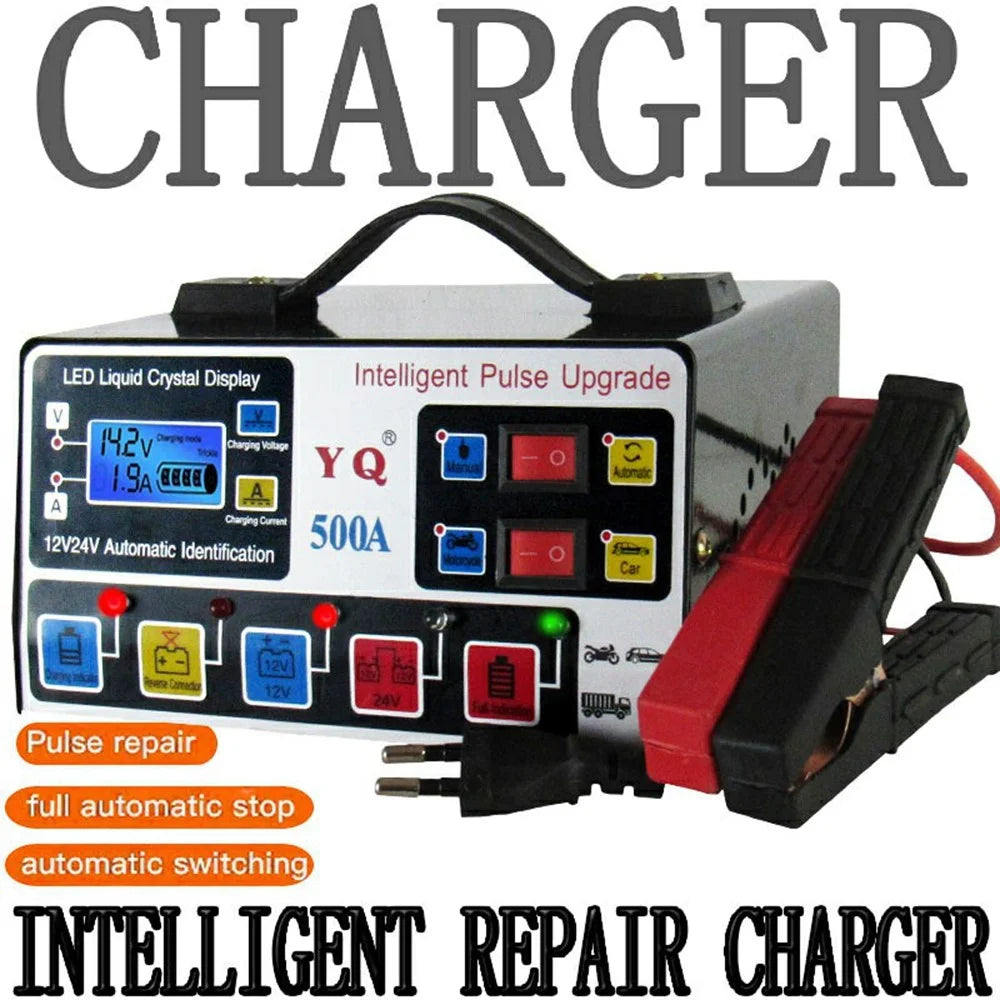 YQ500A 12V  /  24V 500A Intelligent Pulse Repair Motorcycle Car Battery Charger for Lead Acid  /  Lithium Batteries , EU Plug - 2