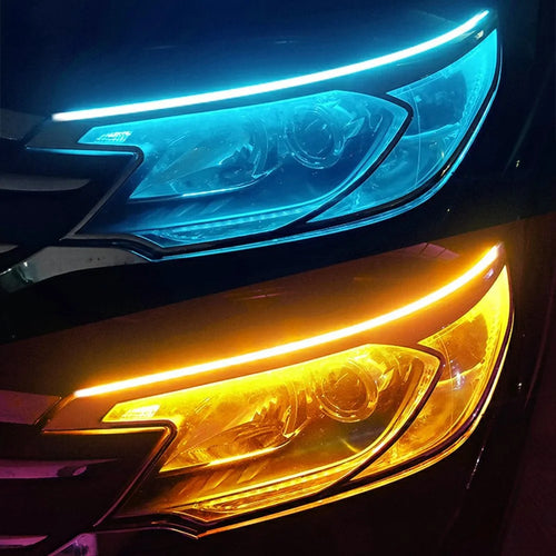 2Pcs 60cm Car LED Atmosphere Light Strip Flexible Silicone Daytime Running Light Ice Blue Turn Yellow - 1
