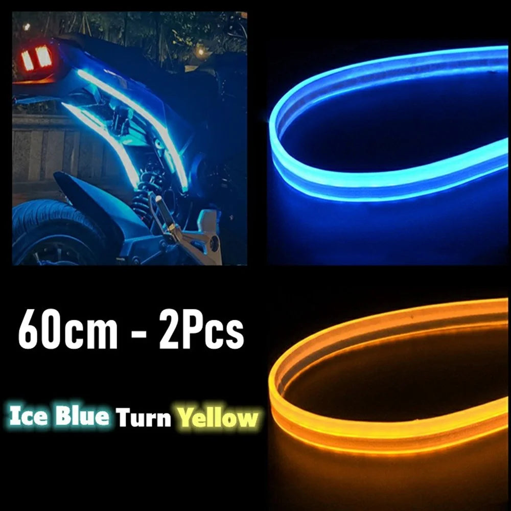 2Pcs 60cm Car LED Atmosphere Light Strip Flexible Silicone Daytime Running Light Ice Blue Turn Yellow - 2