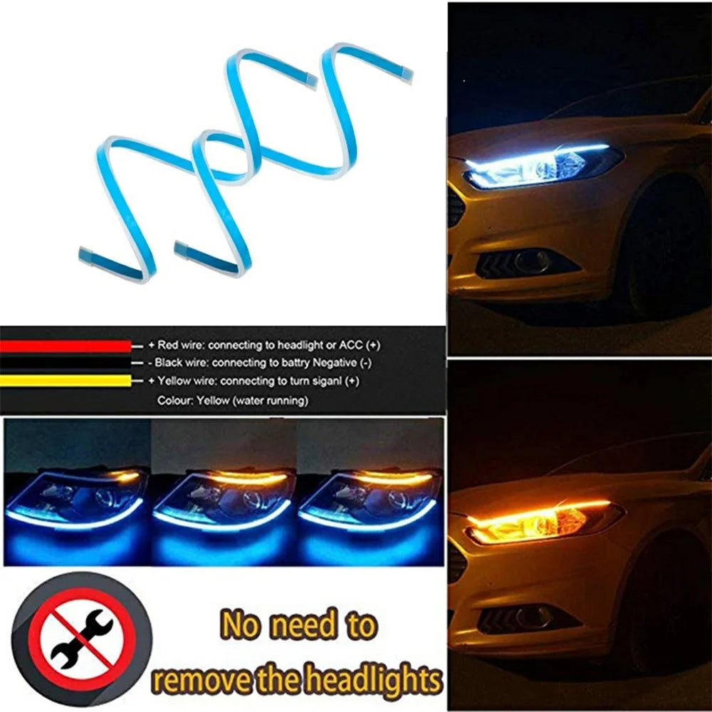 2Pcs 60cm Car LED Atmosphere Light Strip Flexible Silicone Daytime Running Light Ice Blue Turn Yellow - 4