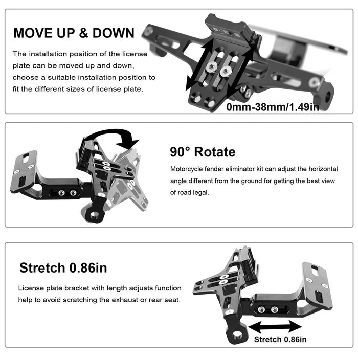 CNC Aluminum Alloy Adjustable Motorcycle License Plate Holder Bracket with LED Tail Light Kit - 3