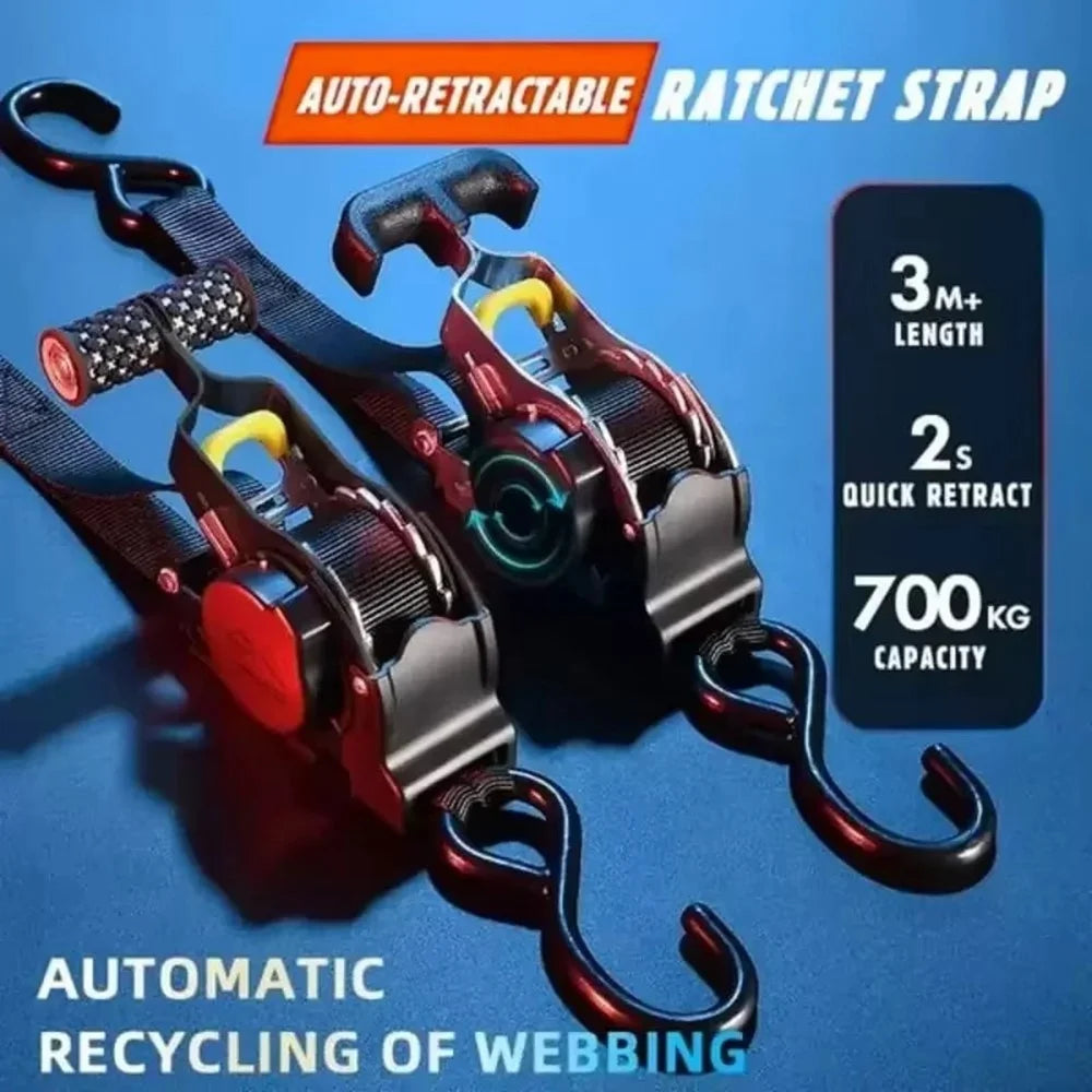 3.3m Automatic Retractable Tie Down Strap Luggage Securing Belt for Car Motorcycle Self-Driving Tour - Black Electrophoretic Coating - 3