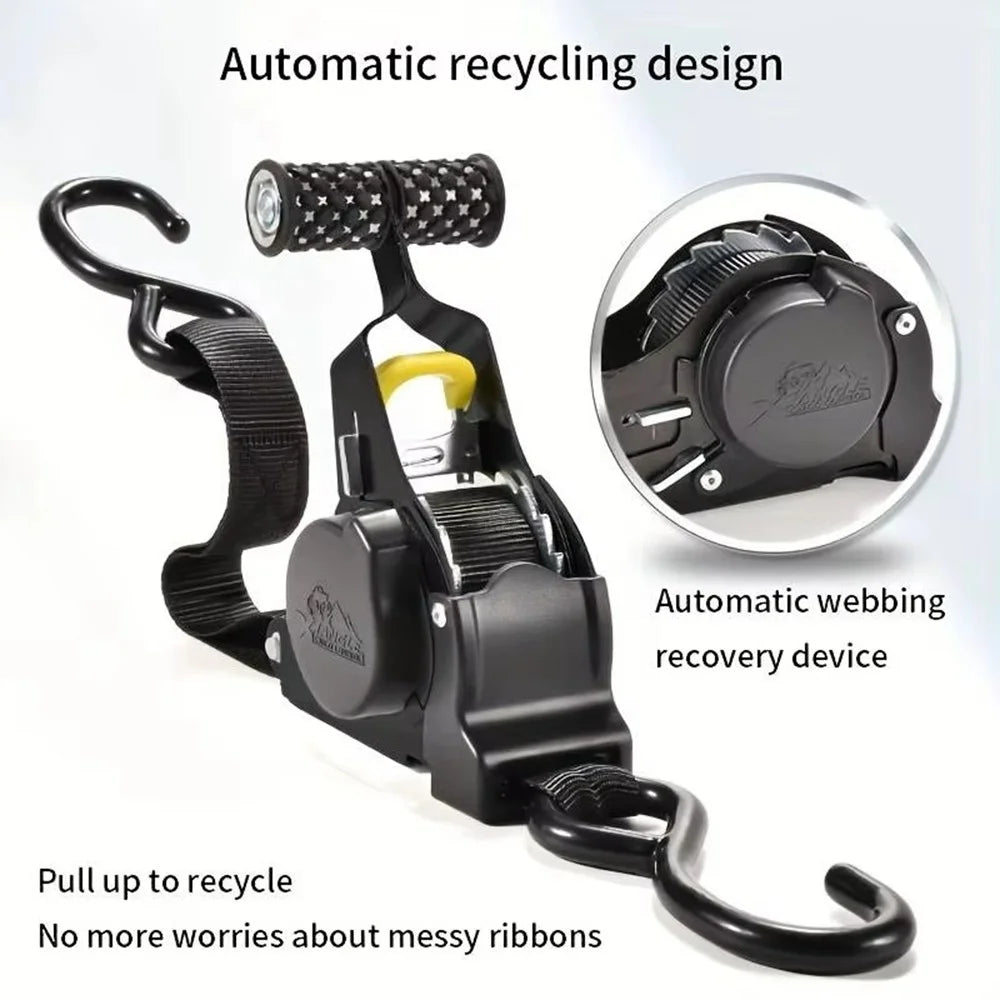 3.3m Automatic Retractable Tie Down Strap Luggage Securing Belt for Car Motorcycle Self-Driving Tour - Black Electrophoretic Coating - 6