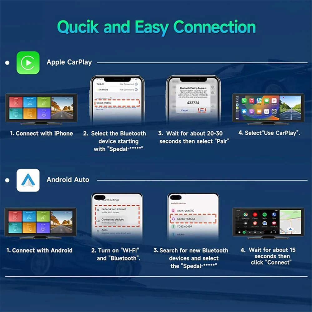 W514A 10.26 Inch Wireless CarPlay and Android Auto Screen with 1080P Dual Recording AHD Backup Camera - 6