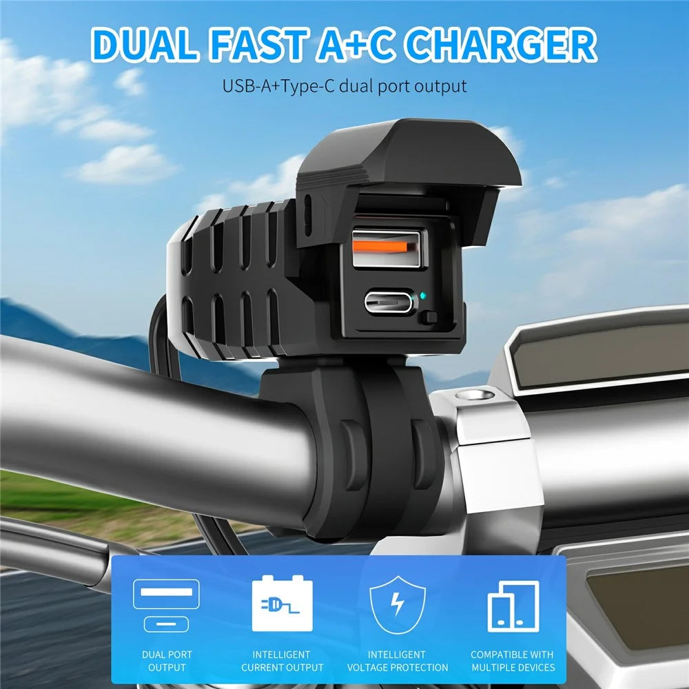 WUPP CS-2100A1 USB A + Type C Dual Port Fast Charging Motorcycle Phone Charger with LED Voltmeter - 3