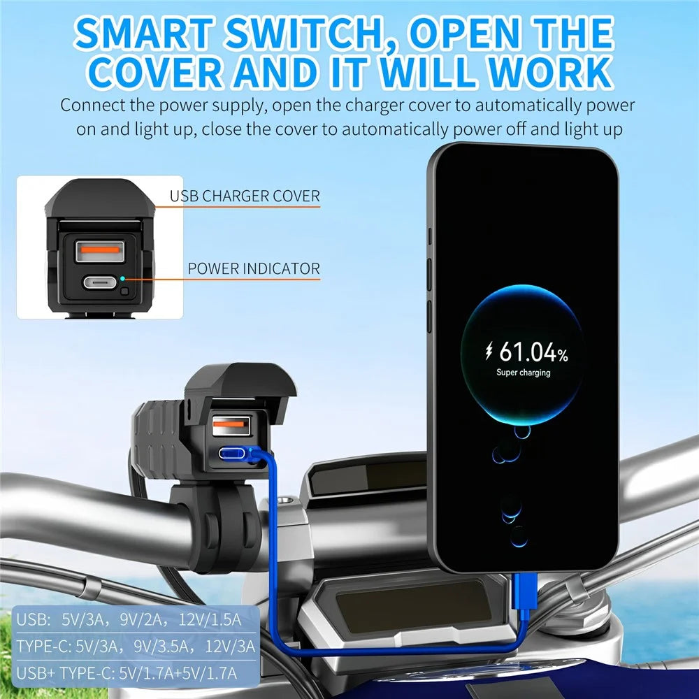 WUPP CS-2100A1 USB A + Type C Dual Port Fast Charging Motorcycle Phone Charger with LED Voltmeter - 4