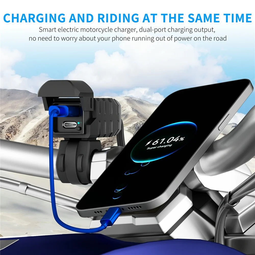 WUPP CS-2100A1 USB A + Type C Dual Port Fast Charging Motorcycle Phone Charger with LED Voltmeter - 5
