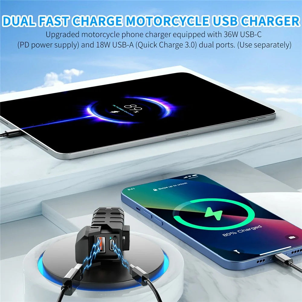 WUPP CS-2100A1 USB A + Type C Dual Port Fast Charging Motorcycle Phone Charger with LED Voltmeter - 6