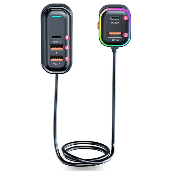 PD 30W Fast Charging Adapter with 1m Extension Cable Rear Seat Multi-Port Car Charger - 1