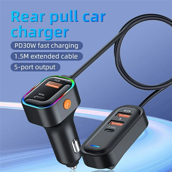 PD 30W Fast Charging Adapter with 1m Extension Cable Rear Seat Multi-Port Car Charger - 2