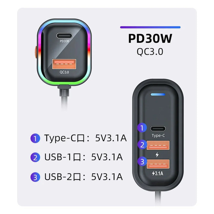 PD 30W Fast Charging Adapter with 1m Extension Cable Rear Seat Multi-Port Car Charger - 7