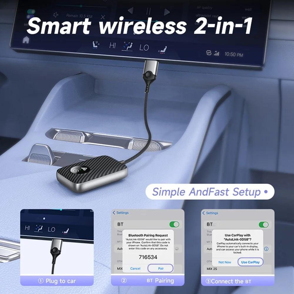 2 in 1 Wireless CarPlay Android Auto Adapter Cars Upgrade Wired to Wireless CarPlay Dongle - Black - 2